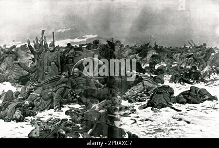 ''sur le front de Poologne; une Charge des Cosaques de l'oural, sur une batterie d'artillerie allemande, pendant l'offensive russe du 16 octobre au 6 novembre 1914', 1914. Da "l'Album de la Guerre 1914-1919: Volume i". [L'Illustration, Parigi, 1926]. Foto Stock