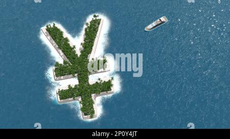 Paradiso fiscale, evasione finanziaria o patrimoniale su un'isola a forma di Yen. Una barca di lusso sta navigando verso l'isola. Foto Stock