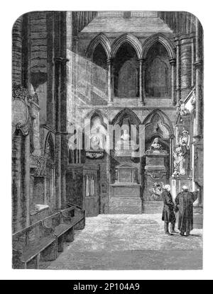 Un disegno del 1860 di Poet's Corner e tombe a Westminster Abbey, Londra, Inghilterra. Foto Stock