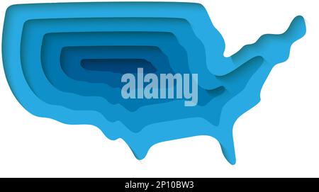 Simbolo USA 3D in stile di taglio della carta. Disegno di illustrazione della mappa degli Stati Uniti. Mappa del paese ritagliata dallo striscione cartaceo. Illustrazione per il disegno di Web site Illustrazione Vettoriale