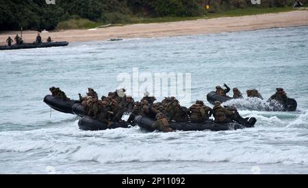 Tokunoshima, Giappone. 03rd Mar, 2023. STATI UNITI I soldati marines atterrano durante l'esercizio militare congiunto USA e Giappone 'Iron Fist 23' con la forza di autodifesa di terra giapponese a Manda Beach sull'isola di Tokunoshima, nella prefettura di Kagoshima, Giappone venerdì 3 marzo 2023. Foto di Keizo Mori/UPI Credit: UPI/Alamy Live News Foto Stock