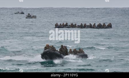 Tokunoshima, Giappone. 03rd Mar, 2023. STATI UNITI I soldati marines atterrano durante l'esercizio militare congiunto USA e Giappone 'Iron Fist 23' con la forza di autodifesa di terra giapponese a Manda Beach sull'isola di Tokunoshima, nella prefettura di Kagoshima, Giappone venerdì 3 marzo 2023. Foto di Keizo Mori/UPI Credit: UPI/Alamy Live News Foto Stock