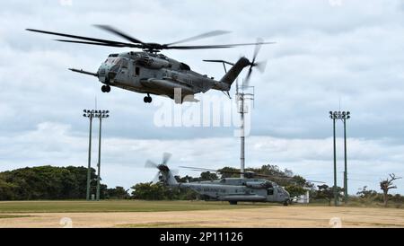 Tokunoshima, Giappone. 03rd Mar, 2023. STATI UNITI Marine' CH-53E Super Stallions partecipare all'esercizio congiunto 'Iron Fist 23' con la forza di autodifesa di terra del Giappone sull'isola di Tokunoshima, nella prefettura di Kagoshima, Giappone venerdì 3 marzo 2023. Foto di Keizo Mori/UPI Credit: UPI/Alamy Live News Foto Stock