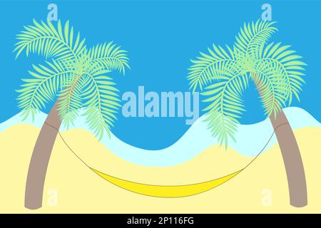 Spiaggia di sabbia con un'onda di mare, due palme con un'amaca sospesa. Riposo e relax. Illustrazione Vettoriale