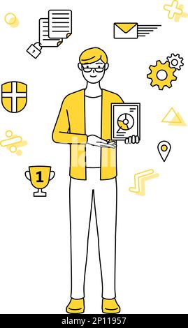 Immagine di DX, Un giovane vestito casualmente che utilizza la tecnologia digitale per migliorare il suo business Illustrazione Vettoriale