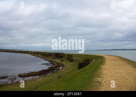 Sentiero lungo il Solent Way Trail a Lymington Hampshire Inghilterra in una giornata invernale con cielo nuvoloso sfondo Foto Stock
