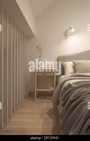 Un accogliente interno di casa in calde tonalità beige in stile giapponese e scandinavo. Moderno design scandinavo degli interni delle camere da letto. Concetto di Japandi Foto Stock