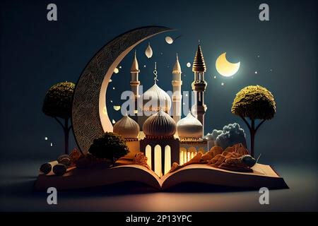 Modello creativo di storia delle feste islamiche. Scenario dessert visualizzato su un libro aperto. EID Mubarak Foto Stock