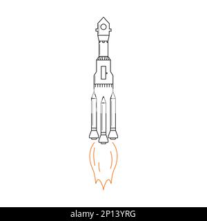 Semplice icona lineare di un razzo in volo. Esplorazione dello spazio, avventura, viaggio. Esplorazione dell'universo, nuovi pianeti, stelle. Illustrazione per Illustrazione Vettoriale