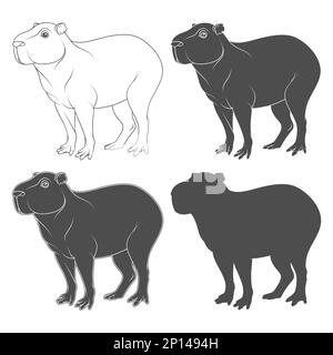 Set di illustrazioni in bianco e nero con capybara. Oggetto vettoriale isolato su sfondo bianco. Illustrazione Vettoriale
