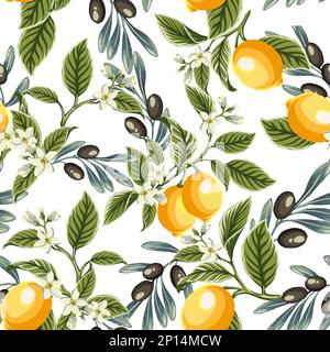 Fette di limone, olive e rametto di olive Set di botanica Limone disegnato a mano senza cuciture . Limoni e olive motivo colorato in doodle still disegnato a mano Illustrazione Vettoriale