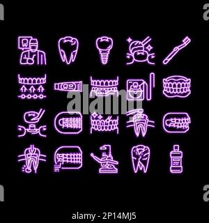 cura dentale dentista impianto dente neon bagliore icona illustrazione Illustrazione Vettoriale