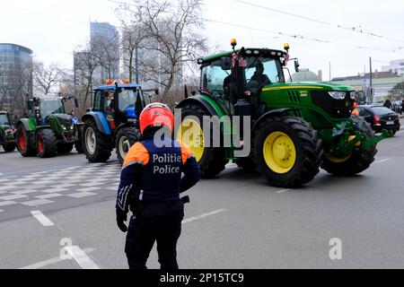 Bruxelles, Belgio. 03rd Mar, 2023. Gli agricoltori con i loro trattori provenienti dalla regione settentrionale belga delle Fiandre partecipano a una protesta contro un nuovo piano governativo regionale per limitare le emissioni di azoto, a Bruxelles, in Belgio, il 3 marzo 2023. Credit: ALEXANDROS MICHAILIDIS/Alamy Live News Foto Stock