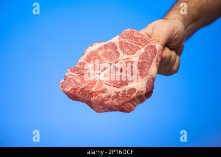 Fetta di bistecca fresca di marmo crudo su una forchetta tenuta in studio a mano primo piano shot isolato su sfondo blu. Foto Stock