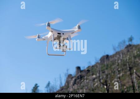 Ourense, Spagna 03-03-2023: Un drone Phantom 4 Pro in volo, alberi verdi sullo sfondo, fuoco selettivo sul drone. Drone prodotto dalla DJI Foto Stock