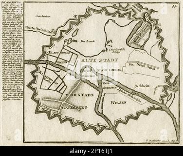 Europa, Russland, Karte von Königsberg , Kaliningrad ( gehörte bis 1945 zu Deutschland , Ostpreußen ), Kupferstich von G. Bodenehr, ca. 1720. / Europa, Russia, mappa di Kaliningrad, fino al 1945 Königsberg , Prussia orientale, incisione in copperplate di G. Bodenehr, circa 1720 . Foto Stock