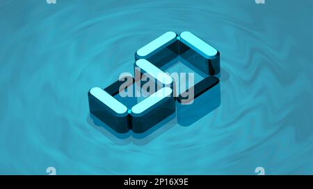Cifra isometrica 5 3D resa in vetro riflettente che galleggia sulla superficie dell'acqua digitale. Estruso numero cinque. Foto Stock
