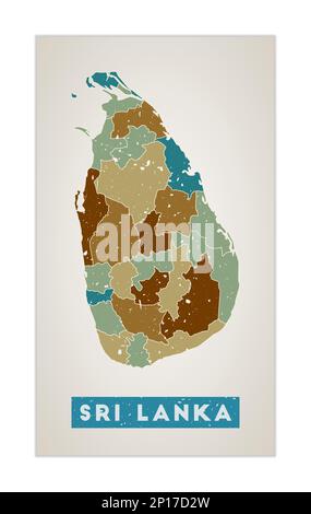 Mappa dello Sri Lanka. Poster del paese con le regioni. Vecchio grunge texture. Forma dello Sri Lanka con il nome del paese. Affascinante illustrazione vettoriale. Illustrazione Vettoriale