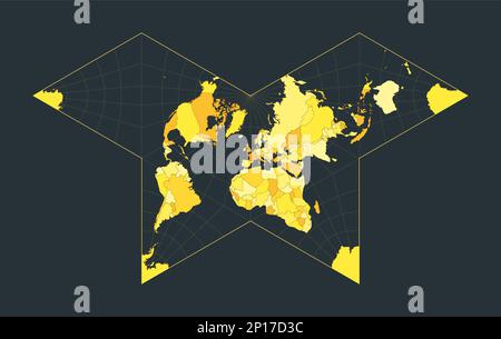 Mappa del mondo. Proiezione farfalla gnomonica. Illustrazione futuristica del mondo per la tua infografica. Colori country gialli brillanti. Illustrazione Vettoriale