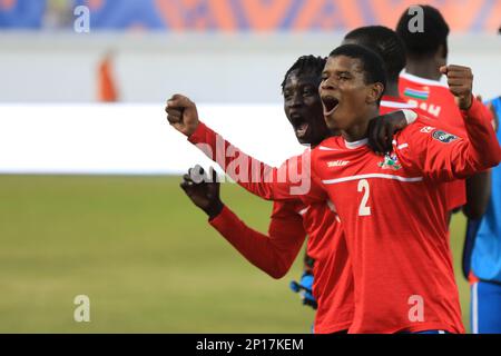 Egitto, Alessandria 03 marzo 2023 - Ba Lamin Sowa del Gambia festeggia dopo aver vinto la Quarter Final Match tra Gambia Under 20 e Sud Sudan Under 20 of TotalEnergies Under 20 Africa Cup of Nations Egypt 2023 e qualificarti per la FIFA Under 20 World Cup 2023 in Indonesia. Stadio Haras El-Hodod ad Alessandria, Egitto, 2023. Foto SPSI Credit: Sebo47/Alamy Live News Foto Stock