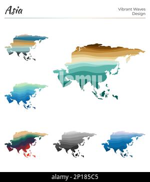 Set di mappe vettoriali dell'Asia. Design a onde vibranti. Mappa luminosa del continente in stile geometrico con curve lisce. Mappa Asia multicolore per il tuo progetto. App Illustrazione Vettoriale