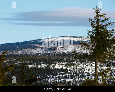 La vetta più alta delle montagne di Jizera e la foresta che la circonda Foto Stock