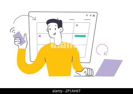 Persona che utilizza il calendario online per sincronizzare eventi, appuntamenti e attività. Agenda elettronica personale sincronizzata su più dispositivi, flat vettoriale Illustrazione Vettoriale