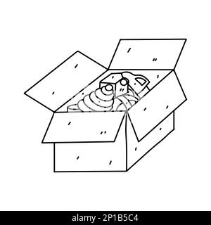 Scatola di beneficenza giocattoli in stile doodle disegnata a mano. Vettore di stock isolato, disegno a mano doodle stile illustrazione. Illustrazione Vettoriale