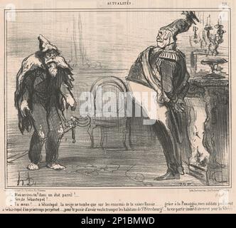 D'ou arriva-tu?, 19th ° secolo. Ufficiale militare che scalda la sua parte posteriore davanti al fuoco: Da dove sono venuti? e in tale stato? Barbuto coperto di neve: Signore, da Sebastopol! Ufficiale: Stai mentendo!...in Sebastopol la neve cade solo sui nemici benedetti della Russia...grazie a Panaggia i miei soldati godono di una primavera perpetua a Sebastopol...per punirti per aver voluto ingannare gli abitanti di San Petersbourg...partiremo immediatamente per Siberia! Foto Stock