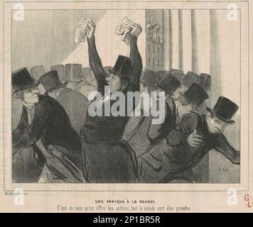 Une Panique a la Bourse, 19th ° secolo. Panico alla borsa. C'est en vain qu'on offre des actions, tout le monde sort d'en prendre. Foto Stock