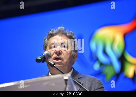 Pontevedra, Spagna. mar, 3th, 2023. Il sindaco di Pontevedra, Miguel Anxo Fernández Lores durante il suo discorso. Credit: Xan Gasalla / Alamy Live News. Foto Stock