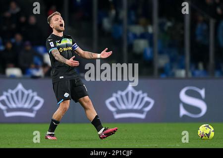Napoli, Italia. 03rd Mar, 2023. Ciro immobile della SS Lazio reagisce durante la Serie A match tra Napoli e Lazio allo Stadio Diego Armando Maradona, Napoli, Italia il 3 marzo 2023. Credit: Giuseppe Maffia/Alamy Live News Foto Stock