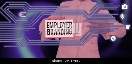 Didascalia di testo che presenta il Branding del datore di lavoro. Processo fotografico concettuale per la promozione di un'azienda creazione di reputazione Foto Stock