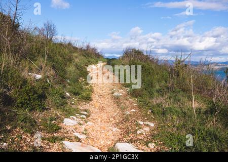 Vista del paesaggio della costa di Erimite vicino a Kassiopi e Agios Stefanos villaggio, isola di Corfù, Kerkyra, Grecia, con sentiero escursionistico, foresta e spiaggia in Foto Stock