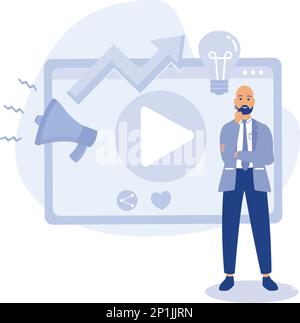 Concetto di strategia SMM, gestione dei social media, piattaforma microblog, marketing di contenuti online, coinvolgimento e interazione degli utenti, flat vector Modern illus Illustrazione Vettoriale