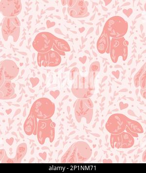 Motivo delicato senza cuciture Vector con coniglietti e fiori decorati in rosa. Tessitura della stanza dei bambini con conigli di arte popolare. Sfondo infantile con lepri ornamentali Illustrazione Vettoriale