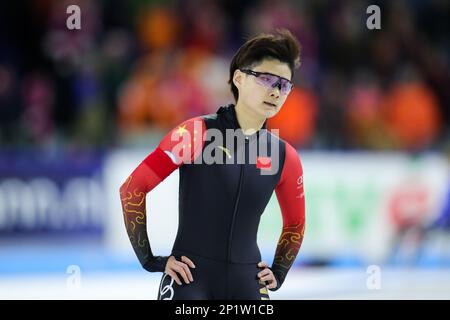 Heerenveen, Paesi Bassi. 3rd Mar, 2023. Jin Jingzhu della Cina reagisce dopo la 500m femminile al Campionato Mondiale di velocità ISU di Heerenveen, Olanda, 3 marzo 2023. Credit: Zheng Huansong/Xinhua/Alamy Live News Foto Stock