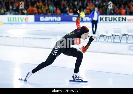 Heerenveen, Paesi Bassi. 3rd Mar, 2023. Zhang Lina di Cina compete durante il 500m femminile al Campionato Mondiale di velocità ISU di Heerenveen, Paesi Bassi, 3 marzo 2023. Credit: Zheng Huansong/Xinhua/Alamy Live News Foto Stock