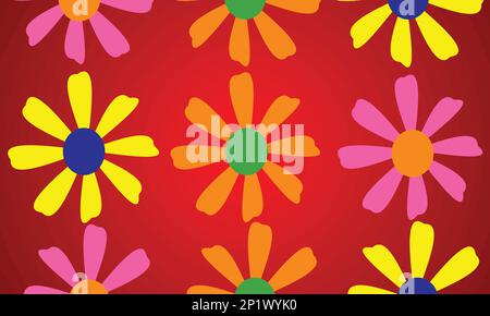 Disegno vettoriale motivo senza cuciture con fiori multicolore su sfondo rosso Illustrazione Vettoriale