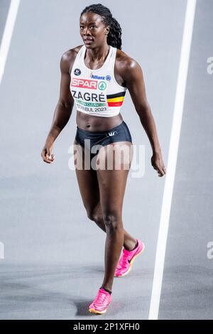 Istanbul, Turchia. 04th Mar, 2023. L'atleta belga Anne Zagre ha mostrato la foto dopo le 60m scuderie femminili alla 37th edizione dei Campionati europei di Atletica Indoor, a Istanbul, in Turchia, sabato 04 marzo 2023. I campionati si svolgono dal 2 al 5 marzo. FOTO DI BELGA JASPER JACOBS Credit: Belga News Agency/Alamy Live News Foto Stock