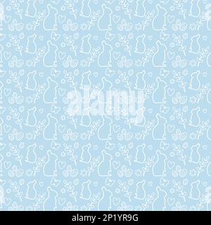 Bella Pasqua disegnata modello senza cuciture delineato su uno sfondo blu. Modello con conigli, uova, farfalle e fiori. Vettore Illustrazione Vettoriale