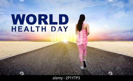Vista posteriore della donna asiatica che corre sulla strada. Concetto di Giornata Mondiale della Salute Foto Stock