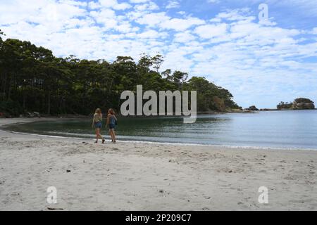 Madre e figlia camminano attraverso la spiaggia di Clyde's Island vicino ai marciapiedi tessellati, Eaglehawk Neck Tasmania Foto Stock