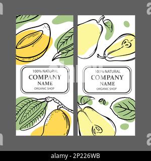 ETICHETTE PERO MANGO adesivi verticali Design per Shop di tropicale biologico frutta fresca Juicy e Dessert bevande in stile schizzo Vector Illistrat Illustrazione Vettoriale