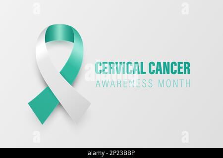 Banner cancro cervicale, cartellino, cartellino con Vector 3D Teal realistico e nastro bianco su sfondo bianco. Simbolo del mese di consapevolezza del cancro cervicale Illustrazione Vettoriale