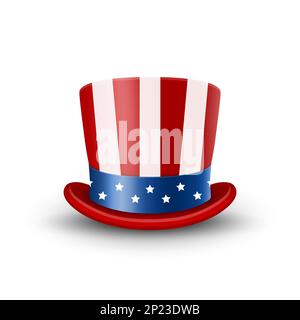 Vector 3D Top Hat realistico in American Flag Color Closeup isolato. Cappello USA. United States of America Independence Labor Day, Presidents Day. Nazione Illustrazione Vettoriale