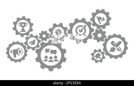 Modello di icone vettoriali Gears e di avvio aziendale. Meccanismo a ingranaggi, bandiera, megafono, icone di riempimento squadra. Illustrazione Vettoriale