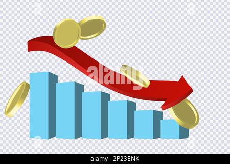 Concetto di crisi economica. Crollo economico globale, freccia giù, crollo del mercato. I grafici e la riduzione dei mercati azionari mostrano la crisi economica globale nel 2023. EF Illustrazione Vettoriale