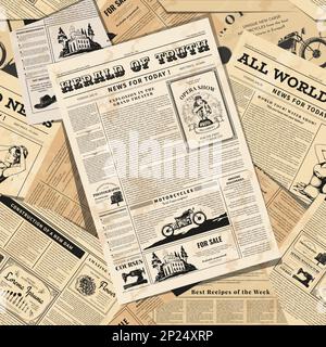 Modello di giornale. Collage pagine giornale carta. Tipografia astratta aliena. Notizie Black Magazine. Carta da giornale invecchiata. Sfondo di testo. Articoli nostalgici e cornici pubblicitarie. Sfondo vettoriale senza giunture Illustrazione Vettoriale