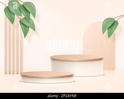 3d podio bianco, bella piattaforma in legno. Palco o espositore in studio luminoso con foglia di pianta, piedistallo, parete beige. Scena minima per i prodotti di presentazione sfondo botanico realistico vettoriale Illustrazione Vettoriale